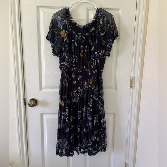 Kate and Lily Navy Floral Print Dress with Ruffled Sleeves - Plus Size - Picture 5 of 5